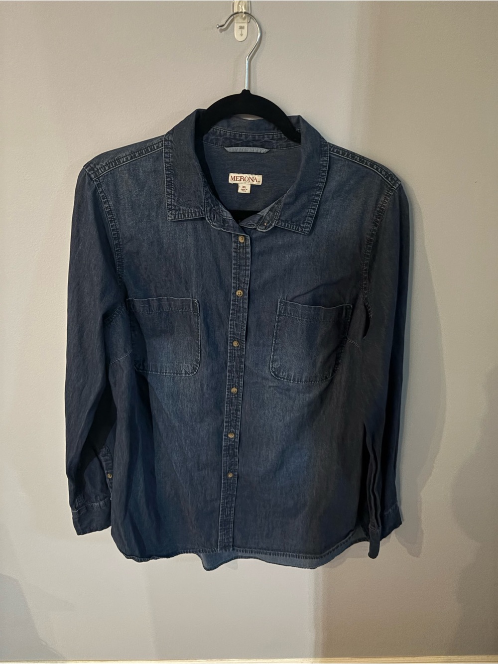 Merona Dark Blue Denim Shirt with Collar in size XL